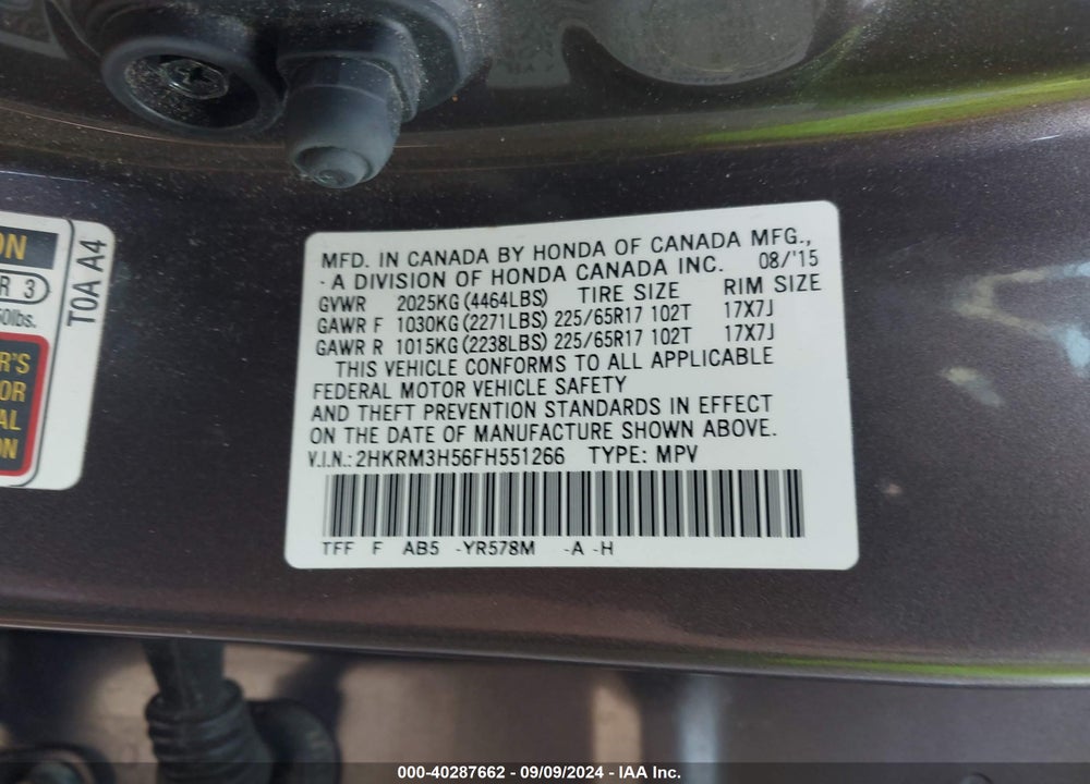 2015 HONDA CR-V EX VIN: 2HKRM3H56FH551266