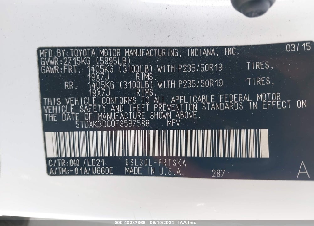2015 TOYOTA SIENNA SE 8 PASSENGER VIN: 5TDXK3DC0FS597588
