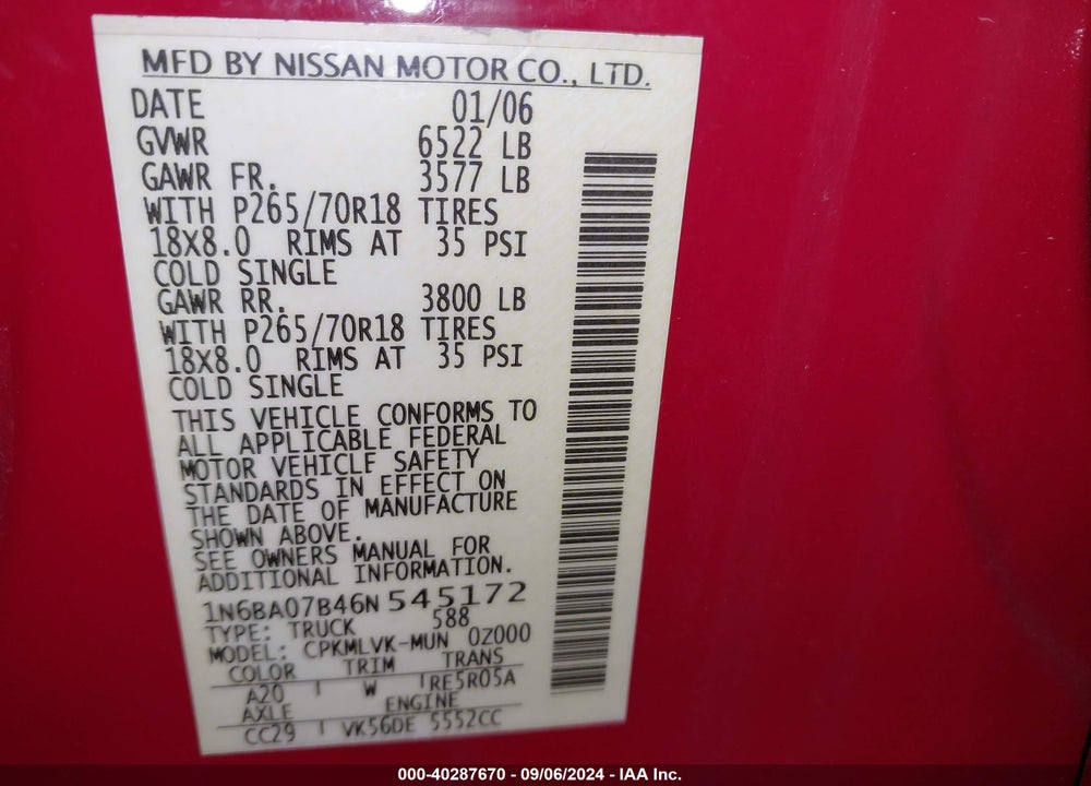2006 NISSAN TITAN LE VIN: 1N6BA07B46N545172