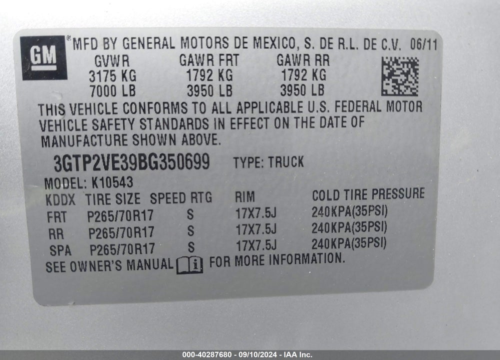 2011 GMC SIERRA 1500 SLE VIN: 3GTP2VE39BG350699