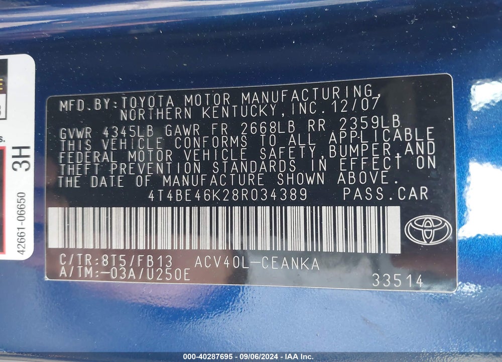2008 TOYOTA CAMRY LE VIN: 4T4BE46K28R034389