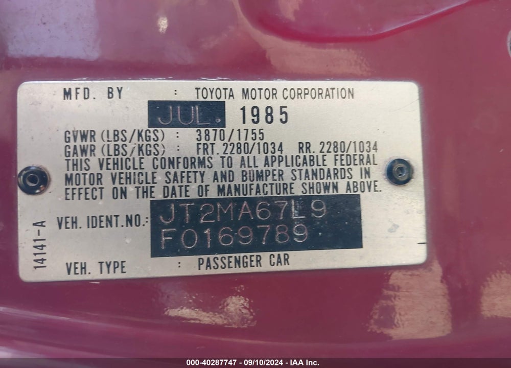 1985 TOYOTA SUPRA VIN: JT2MA67L9F0169789