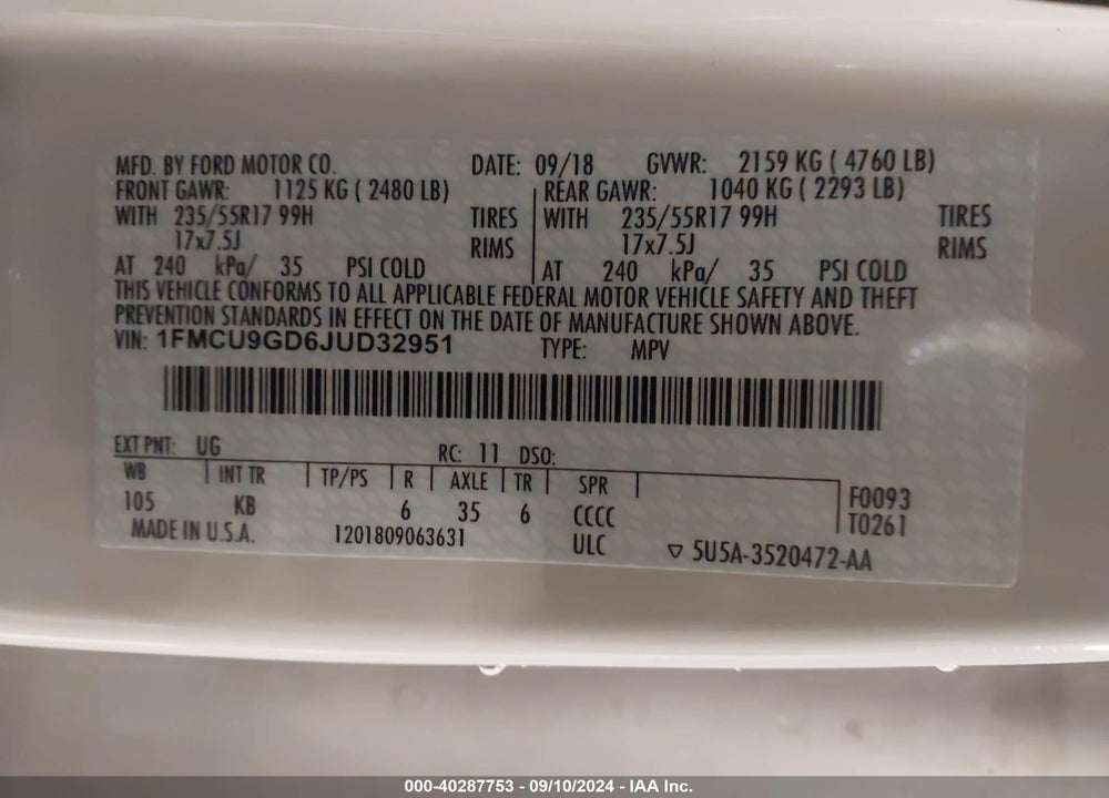 2018 FORD ESCAPE SE VIN: 1FMCU9GD6JUD32951