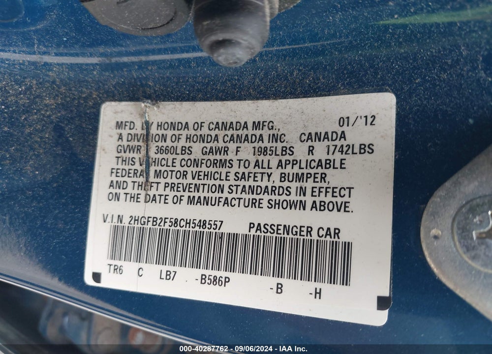 2012 HONDA CIVIC LX VIN: 2HGFB2F58CH548557
