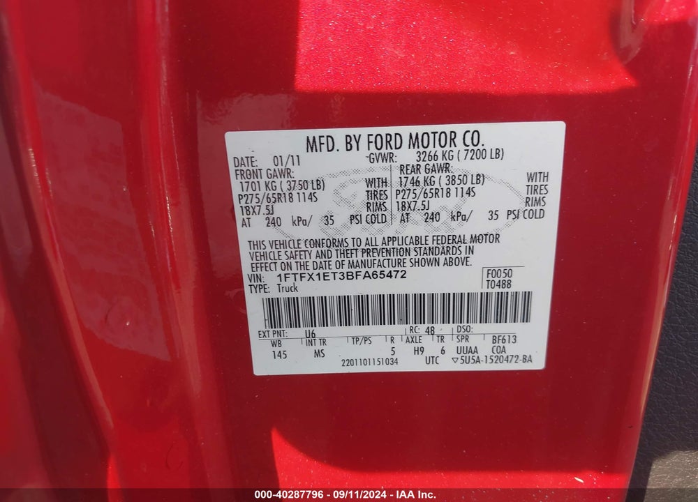 2011 FORD F-150 XLT VIN: 1FTFX1ET3BFA65472