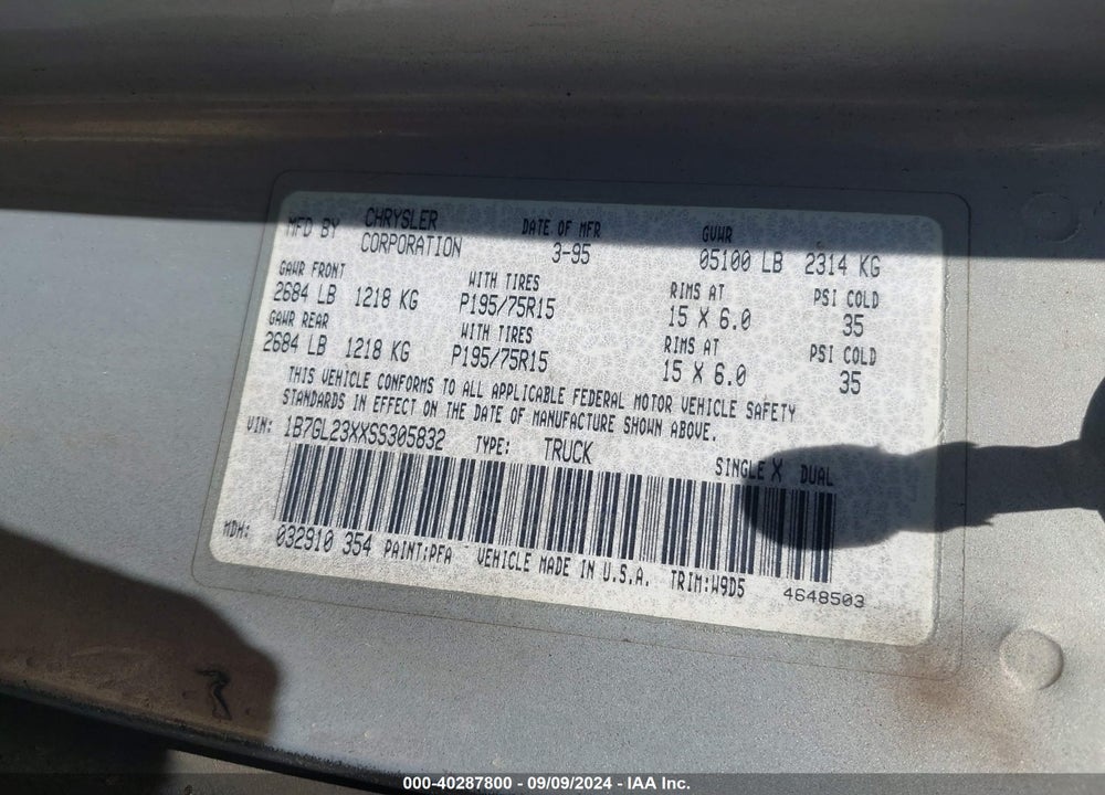 1995 DODGE DAKOTA VIN: 1B7GL23XXSS305832