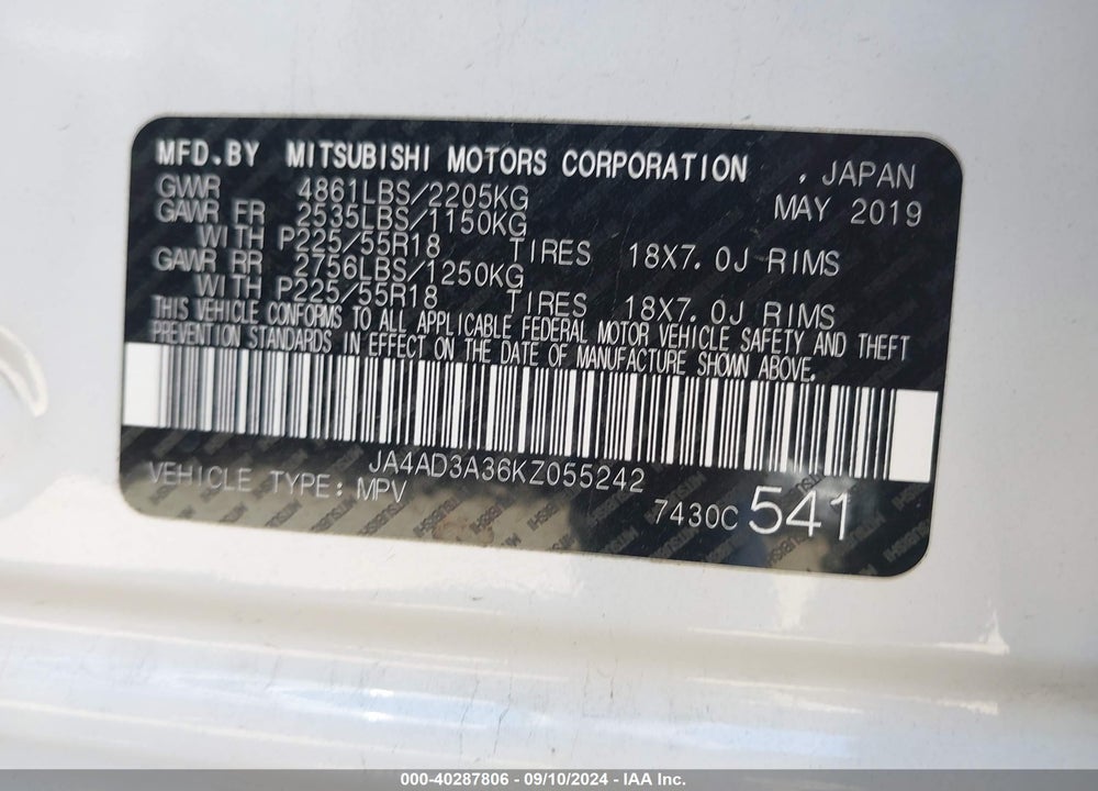 2019 MITSUBISHI OUTLANDER LE VIN: JA4AD3A36KZ055242