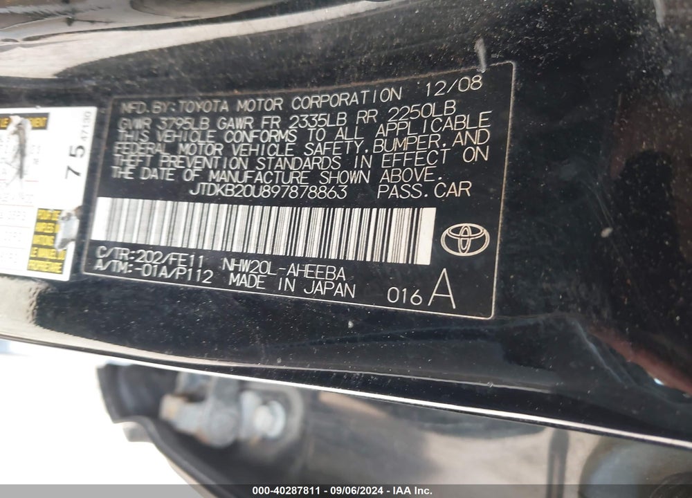 2009 TOYOTA PRIUS STANDARD VIN: JTDKB20U897878863
