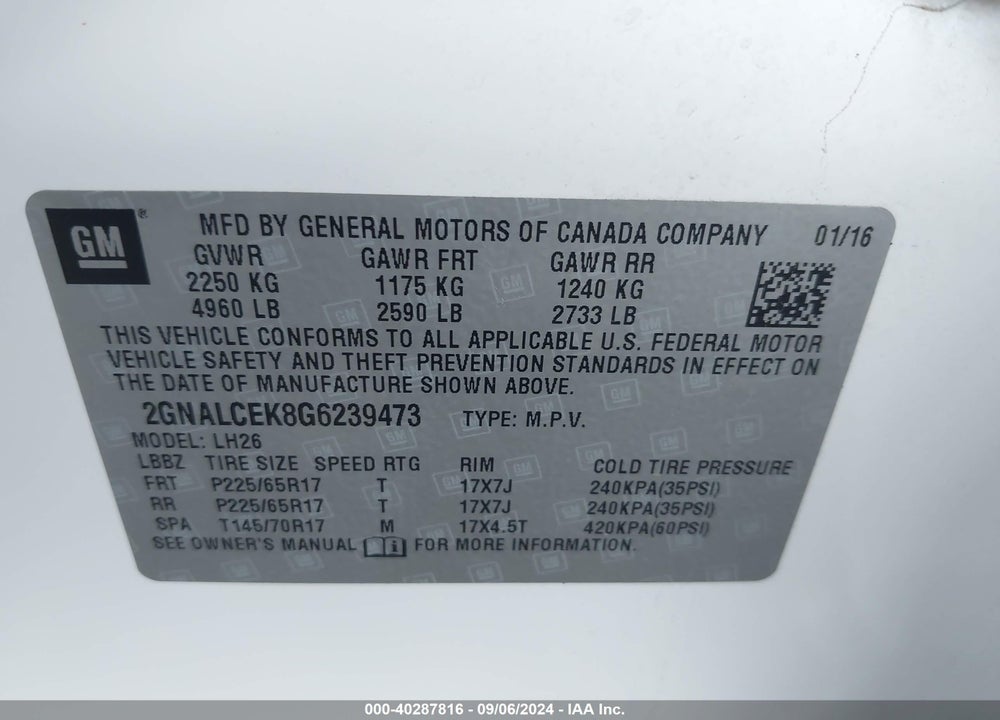 2016 CHEVROLET EQUINOX LT VIN: 2GNALCEK8G6239473