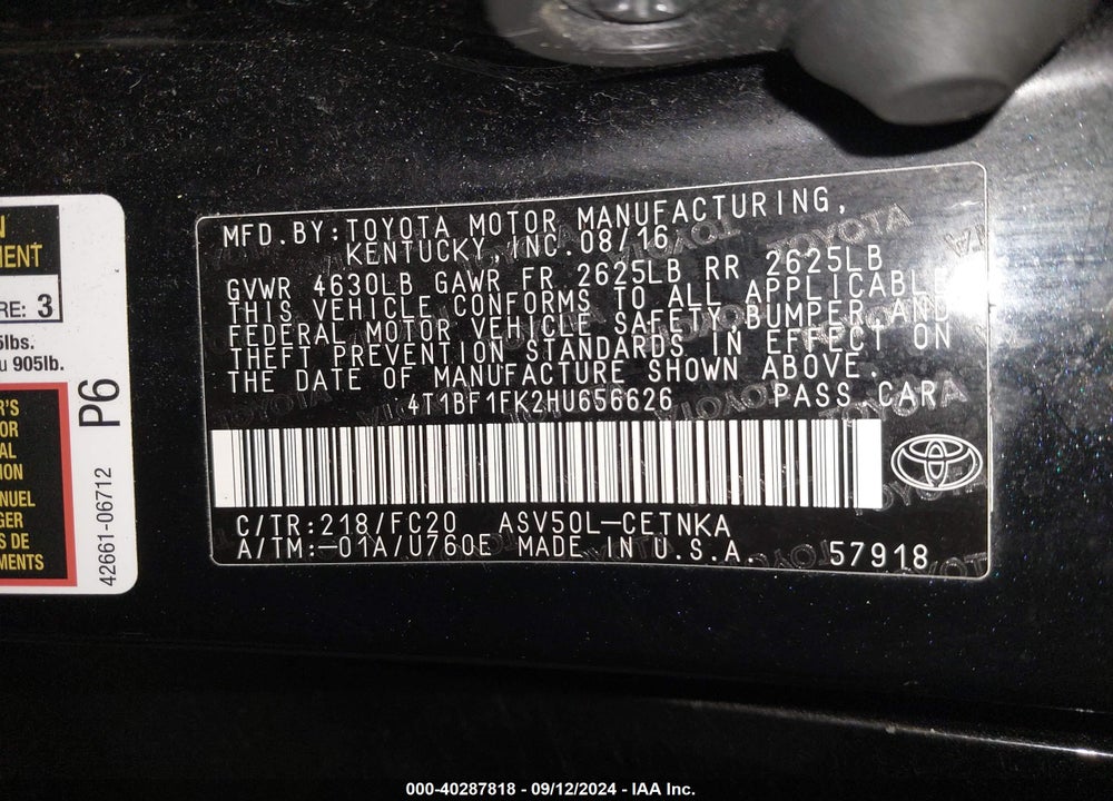 2017 TOYOTA CAMRY LE VIN: 4T1BF1FK2HU656626