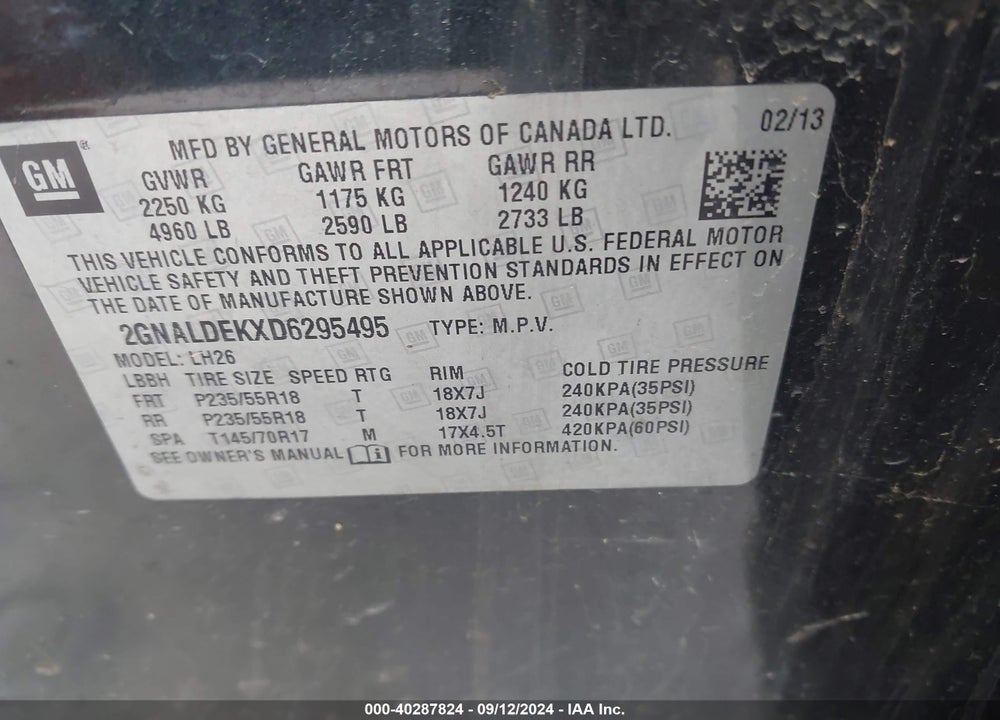 2013 CHEVROLET EQUINOX 1LT VIN: 2GNALDEKXD6295495