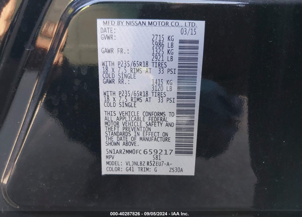 2015 NISSAN PATHFINDER S VIN: 5N1AR2MM0FC659217