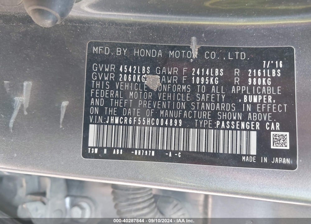 2017 HONDA ACCORD HYBRID EX-L VIN: JHMCR6F55HC004899