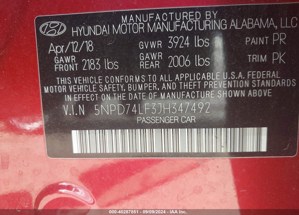 2018 HYUNDAI ELANTRA SE VIN: 5NPD74LF3JH347492