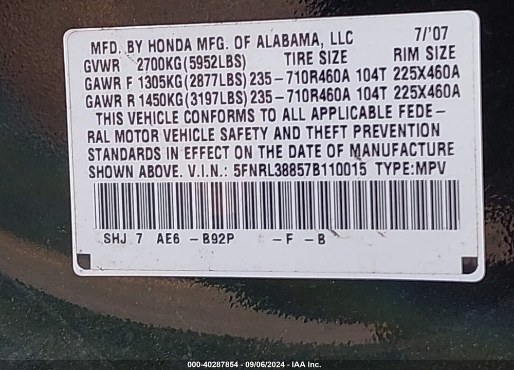 2007 HONDA ODYSSEY TOURING VIN: 5FNRL38857B110015