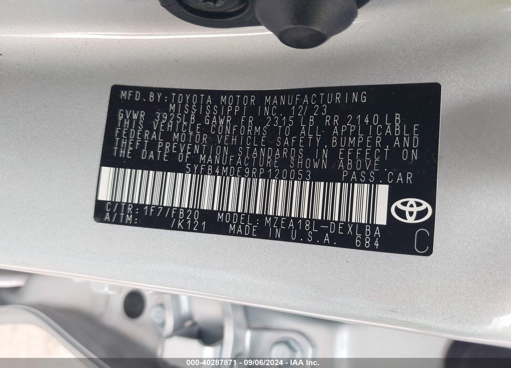 2024 TOYOTA COROLLA LE VIN: 5YFB4MDE9RP120053