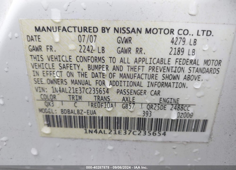 2007 NISSAN ALTIMA 2.5 S VIN: 1N4AL21E37C235654