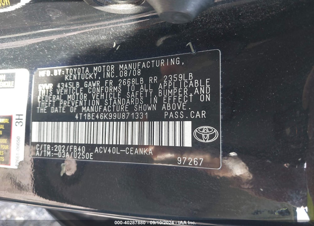 2009 TOYOTA CAMRY VIN: 4T1BE46K99U871331