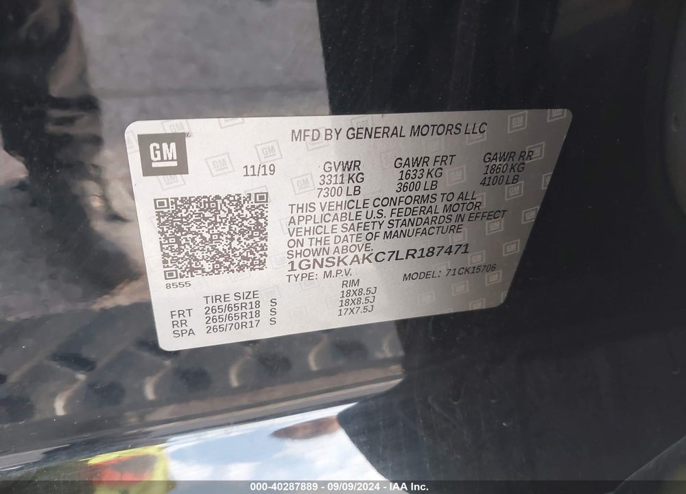 2020 CHEVROLET TAHOE 4WD LS VIN: 1GNSKAKC7LR187471