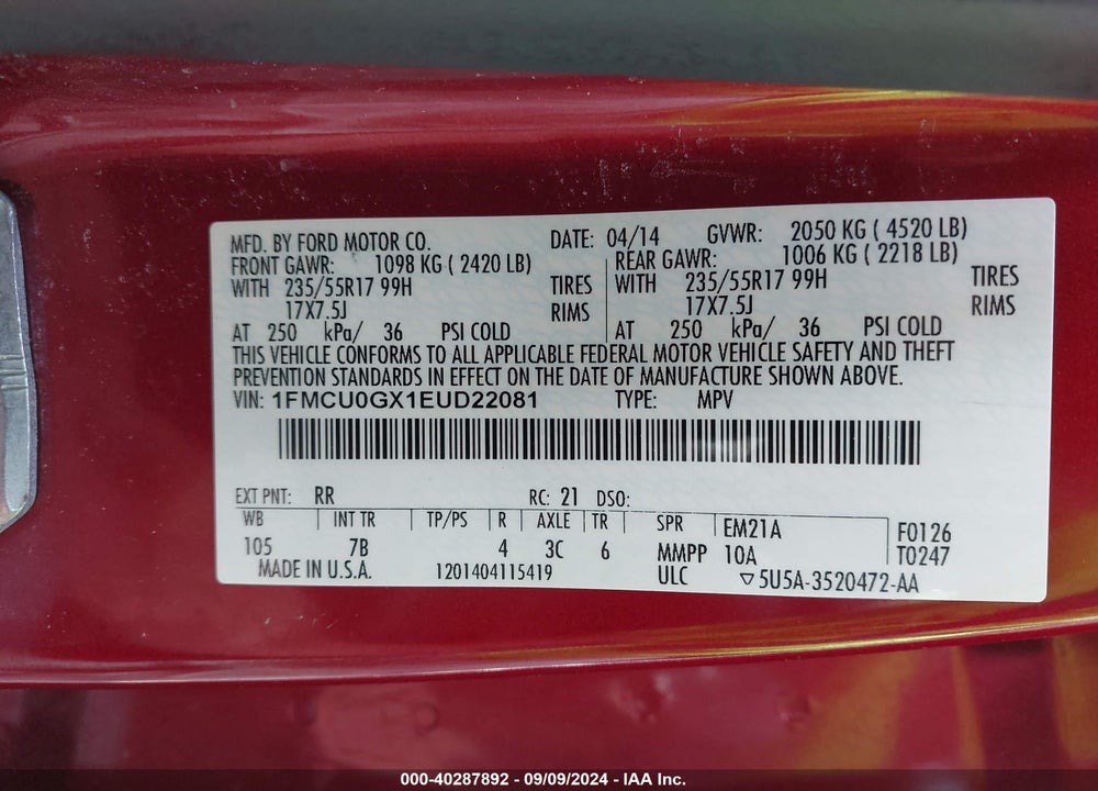 2014 FORD ESCAPE SE VIN: 1FMCU0GX1EUD22081