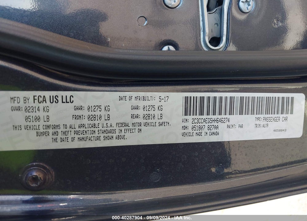 2017 CHRYSLER 300C VIN: 2C3CCAEG5HH646274