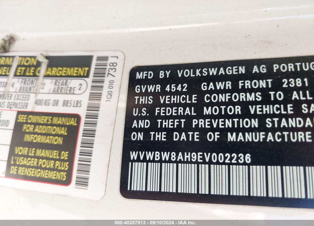 2014 VOLKSWAGEN EOS SPORT VIN: WVWBW8AH9EV002236