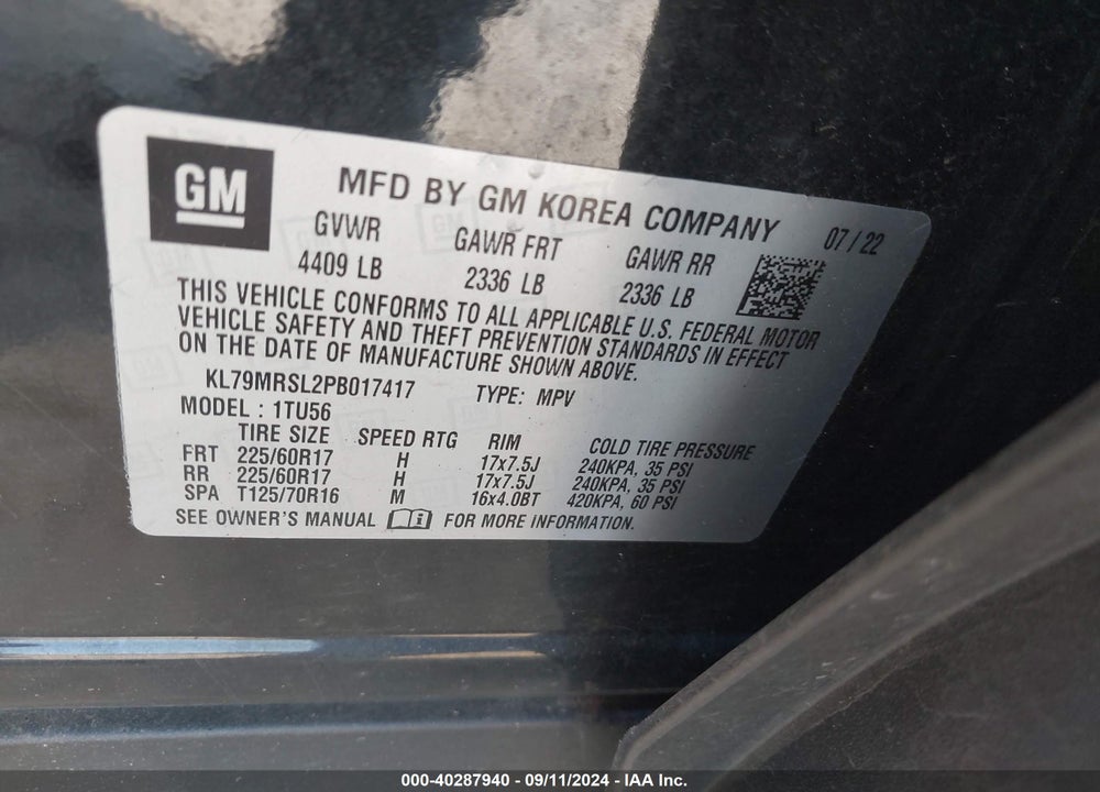 2023 CHEVROLET TRAILBLAZER AWD LT VIN: KL79MRSL2PB017417