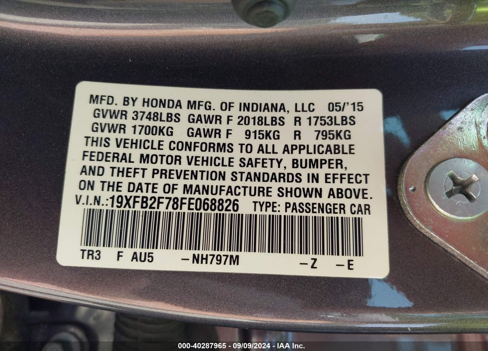 2015 HONDA CIVIC SE VIN: 19XFB2F78FE068826
