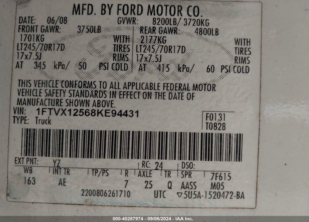 2008 FORD F-150 XL/XLT VIN: 1FTVX12568KE94431