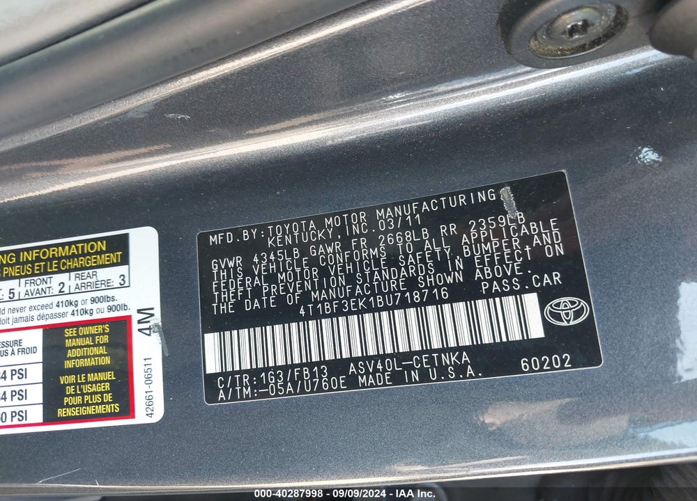 2011 TOYOTA CAMRY VIN: 4T1BF3EK1BU718716