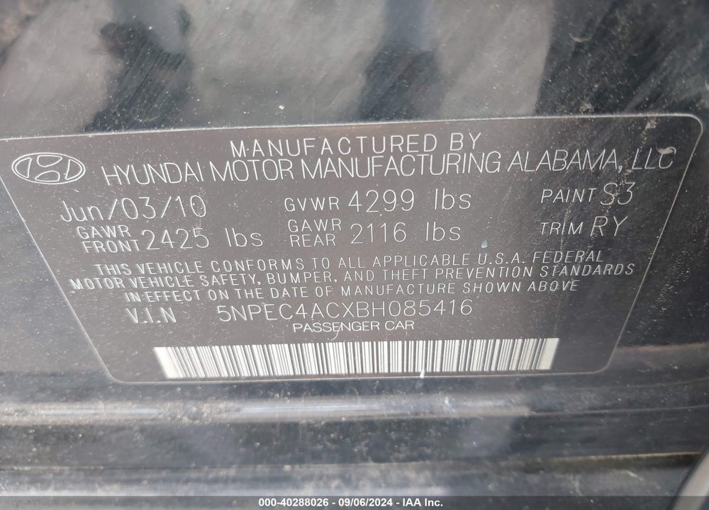 2011 HYUNDAI SONATA LIMITED/SE VIN: 5NPEC4ACXBH085416