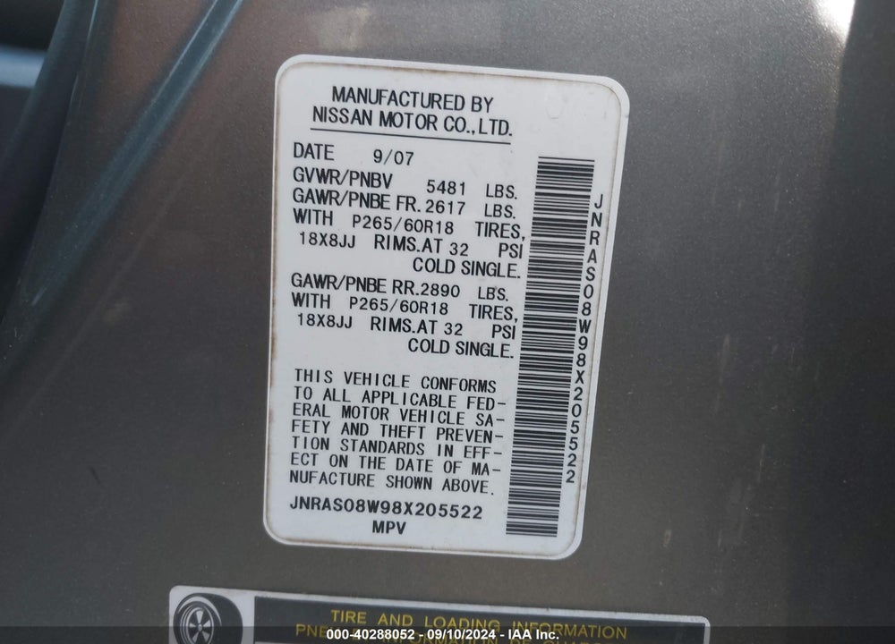 2008 INFINITI FX35 VIN: JNRAS08W98X205522