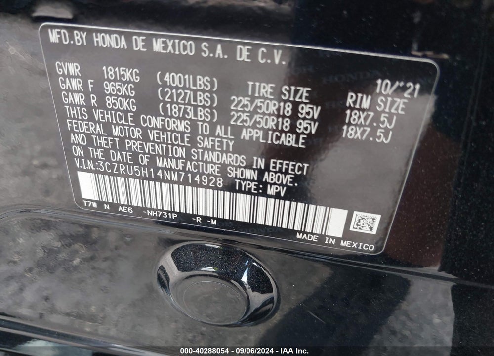 2022 HONDA HR-V 2WD SPORT VIN: 3CZRU5H14NM714928