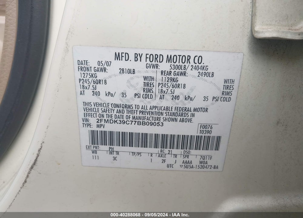 2007 FORD EDGE VIN: 2FMDK39C77BB09053