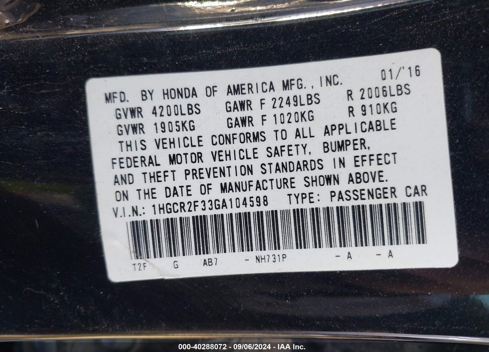 2016 HONDA ACCORD LX VIN: 1HGCR2F33GA104598