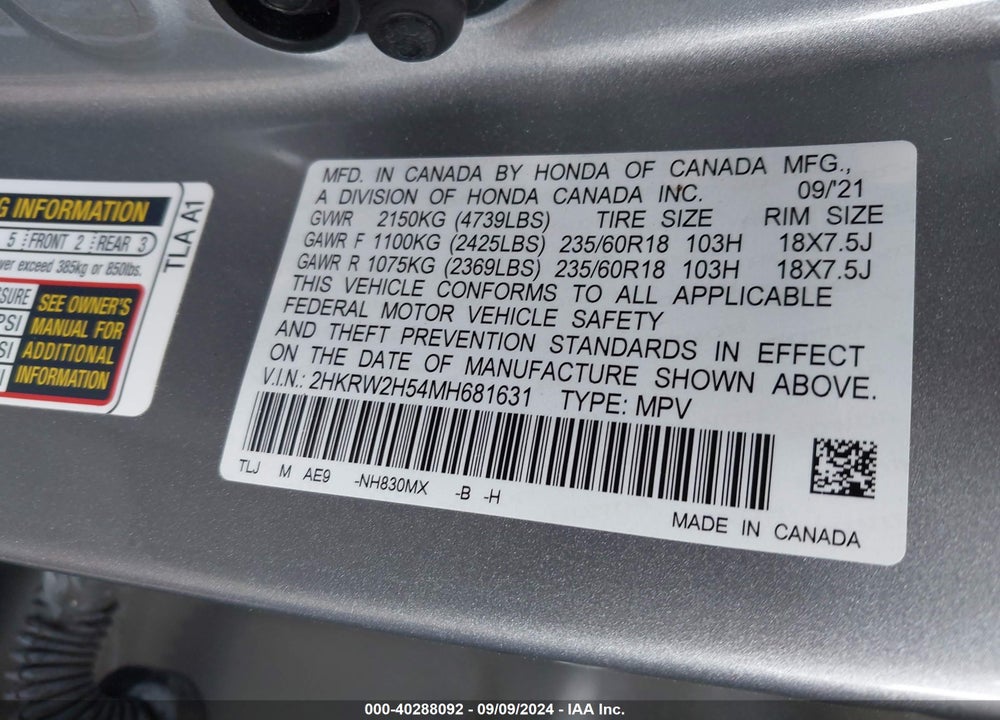 2021 HONDA CR-V AWD EX VIN: 2HKRW2H54MH681631