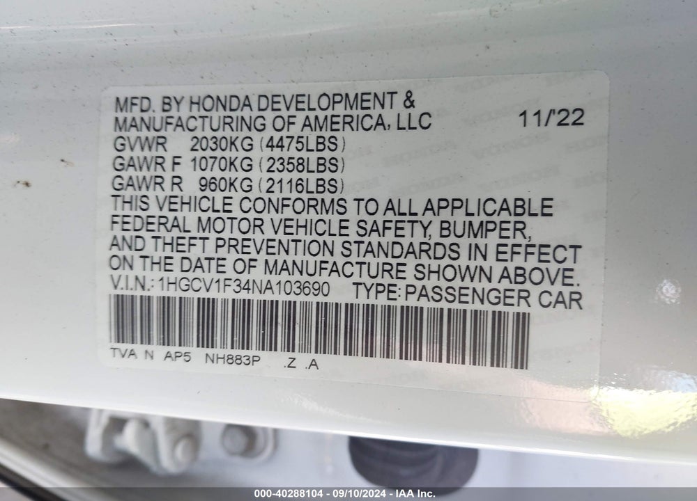 2022 HONDA ACCORD SPORT VIN: 1HGCV1F34NA103690