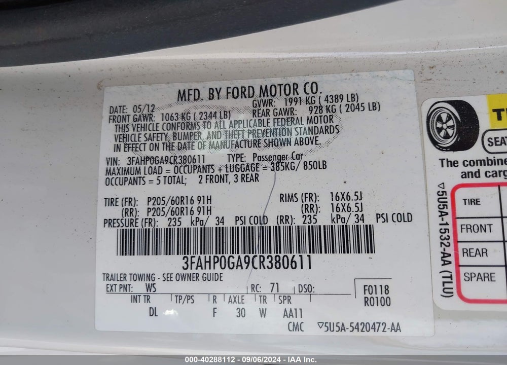 2012 FORD FUSION S VIN: 3FAHP0GA9CR380611