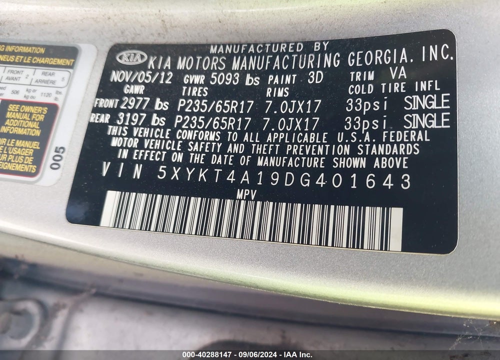 2013 KIA SORENTO LX VIN: 5XYKT4A19DG401643