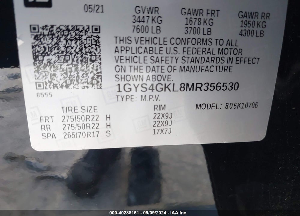 2021 CADILLAC ESCALADE 4WD SPORT PLATINUM VIN: 1GYS4GKL8MR356530