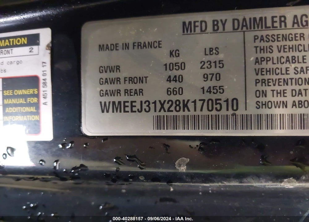 2008 SMART FORTWO PASSION/PURE VIN: WMEEJ31X28K170510