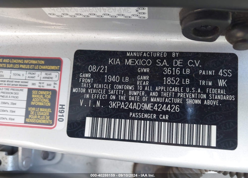 2021 KIA RIO S VIN: 3KPA24AD9ME424426