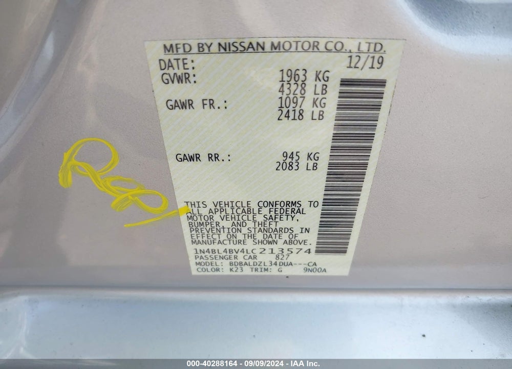 2020 NISSAN ALTIMA S FWD VIN: 1N4BL4BV4LC213574
