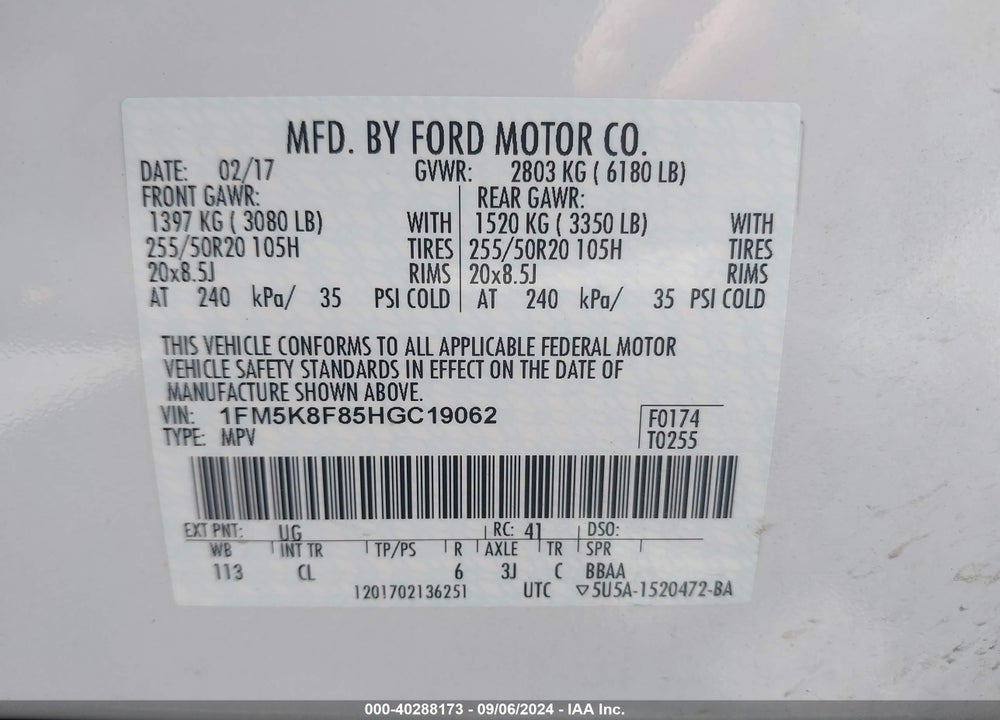 2017 FORD EXPLORER LIMITED VIN: 1FM5K8F85HGC19062