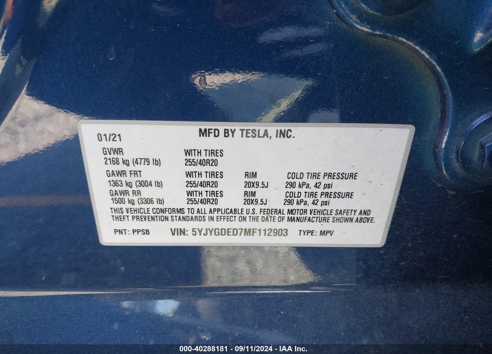 2021 TESLA MODEL Y STANDARD RANGE REAR-WHEEL DRIVE VIN: 5YJYGDED7MF112903