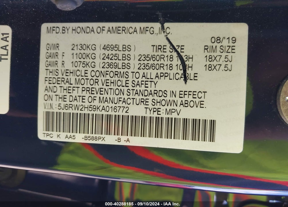 2019 HONDA CR-V EX VIN: 5J6RW2H59KA016772