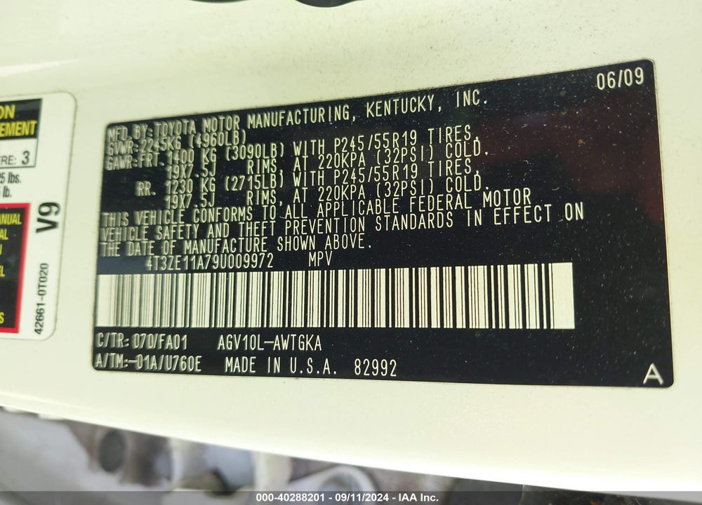 2009 TOYOTA VENZA VIN: 4T3ZE11A79U009972