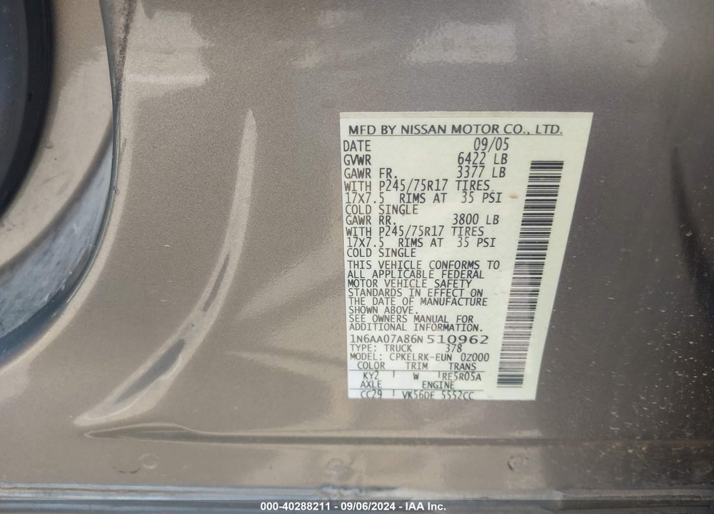 2006 NISSAN TITAN XE VIN: 1N6AA07A86N510962