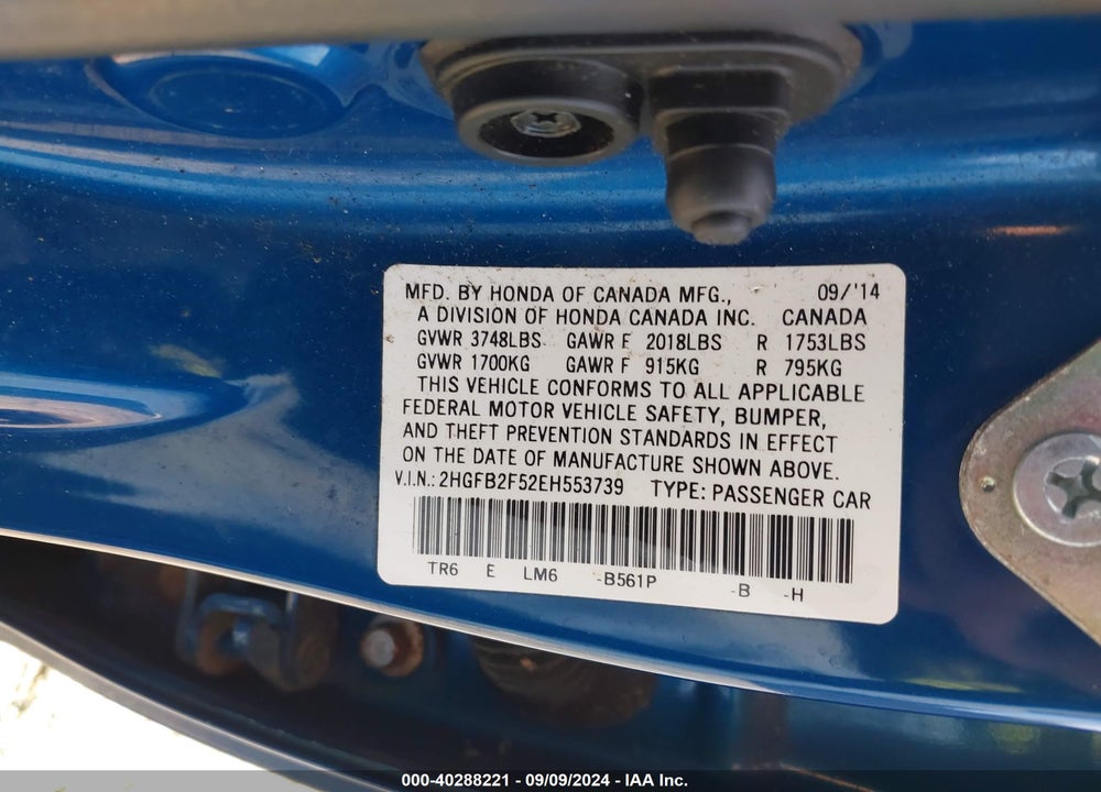 2014 HONDA CIVIC VIN: 2HGFB2F52EH553739