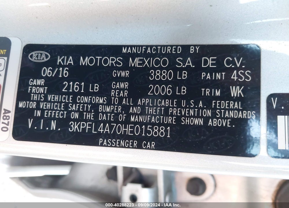 2017 KIA FORTE LX VIN: 3KPFL4A70HE015881